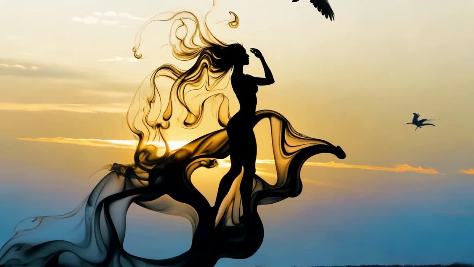 Rêves_Une silhouette entièrement faite d’encre tourbillonnante se tient sous un ciel strié d’or liquide_028