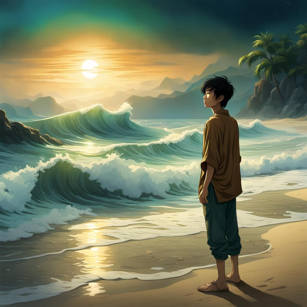 Boy on Beach at Night in Epic Fantasy Style