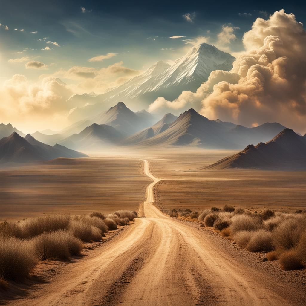 the sky, clouds, mountains, the dust road going up to heaven