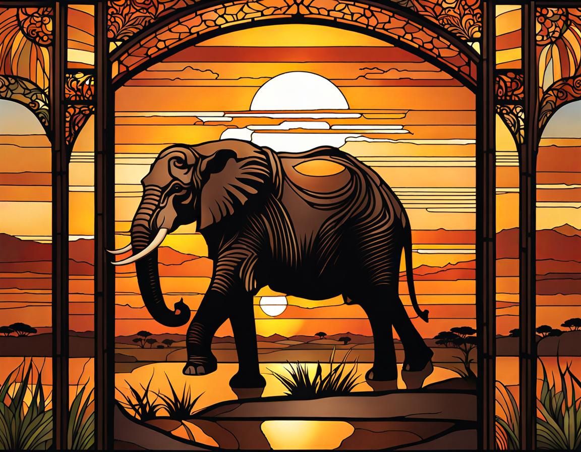 Stained Glass Elephant at Serengeti Sunset