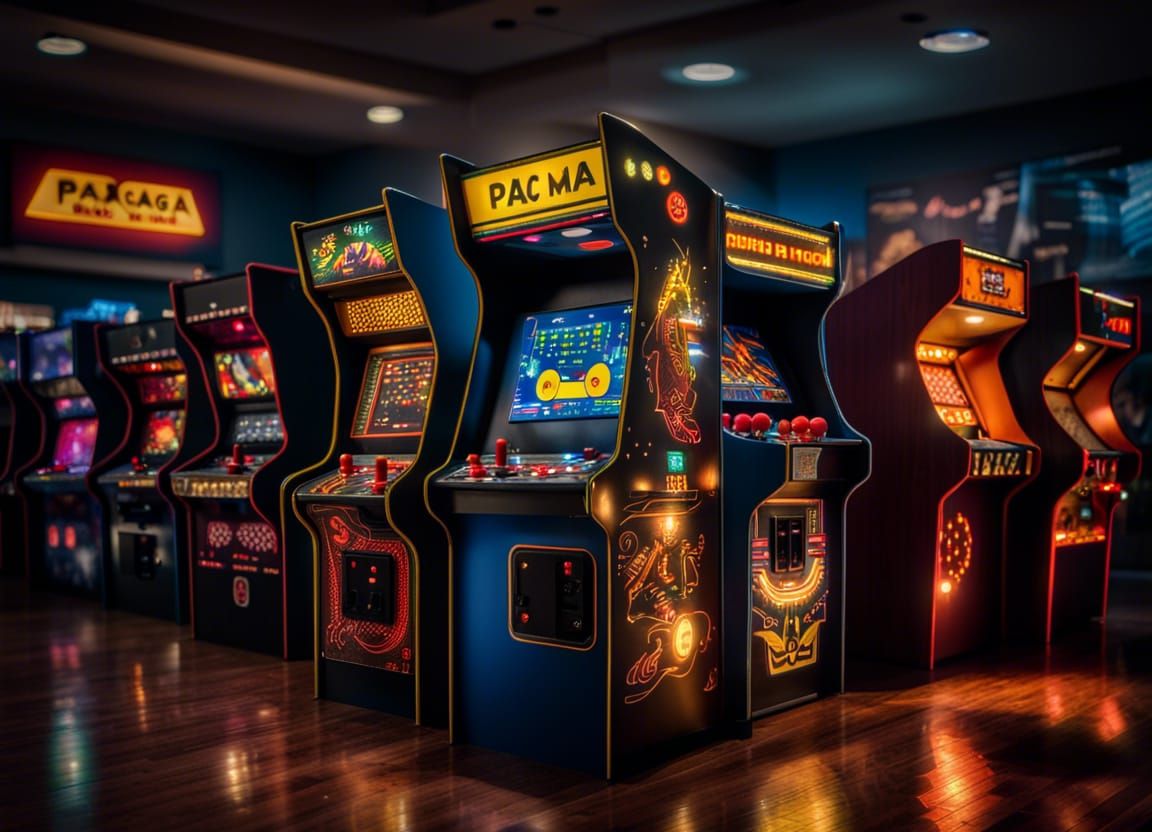 80's video game arcade on a Friday night with people of all ages playing games like Pac-Man, Astroids, ...  by @RedPillRewind