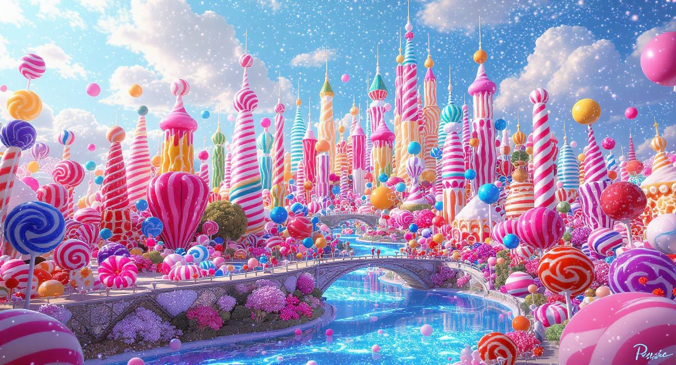 A fantastical city skyline built from giant, colorful gumdrops, lollipop spires, and sugar glass skyscrapers. ...  by @Hereami