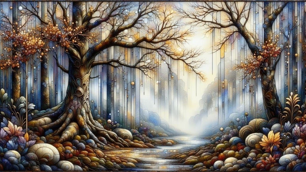 <lora:Art deco nouveau 2:1.0> < A dark and moody watercolor vision of a foggy ...  by @Solfreedom