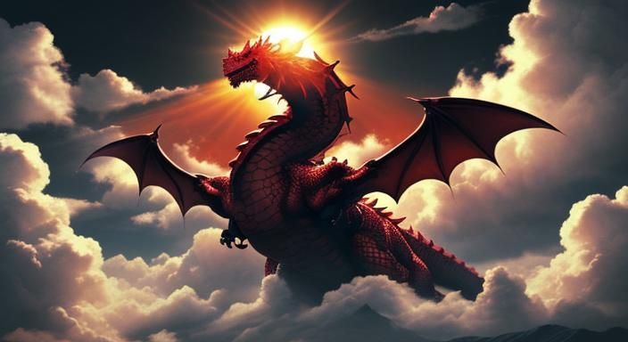 huge dragon in the clouds with sun shining on it  with huge ...