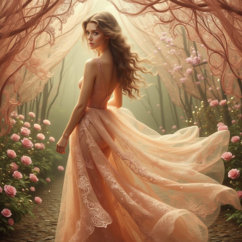 <lora:FiosCopperLace:1.0>  Woman in elegant, flowing gown, surrounded by pastel hues, intricate lace patterns, and soft, warm lighting, remi...