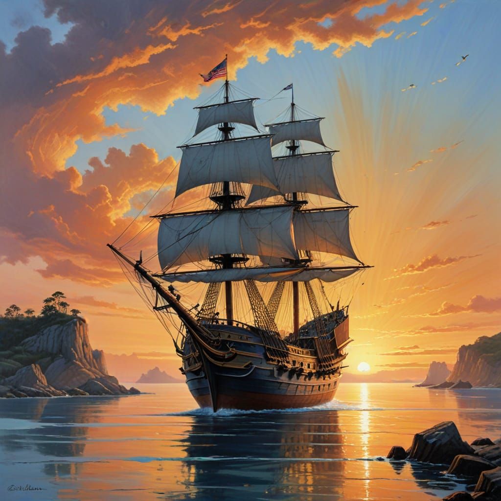 Galleon leaving the harbor at Sunrise  by @Ajfanthony