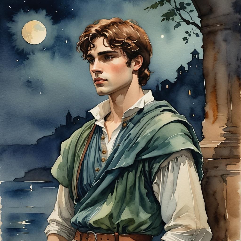 Watercolor painting of Romeo in the style of Waterhouse