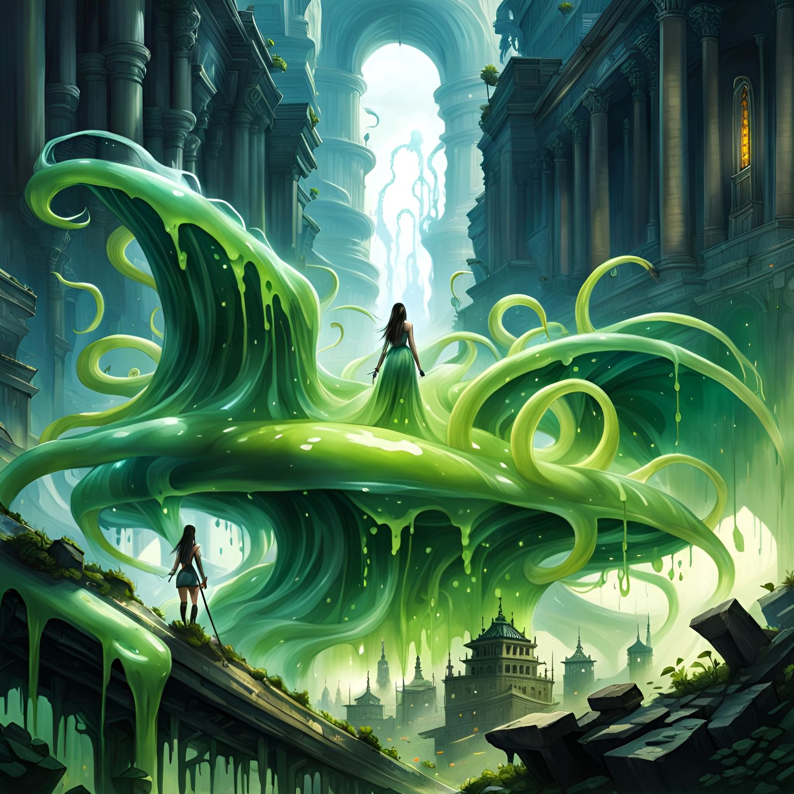 giant slime girl is crawling through the ruins of a city, humanoid goo in the shape of a woman, living ...  by @seedmanc