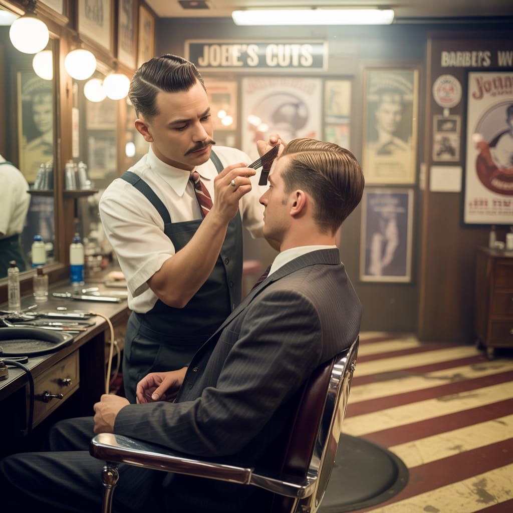 A 1950s barber shop scene: a barber with a neatly trimmed mustache carefully styles a client's hair into ...  by @Zoli