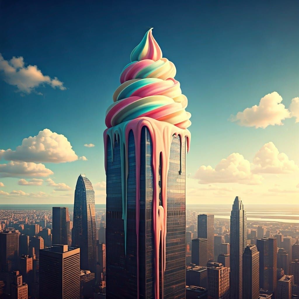 A giant ice cream cone melting down the side of a city skyscraper.  by @Soralba