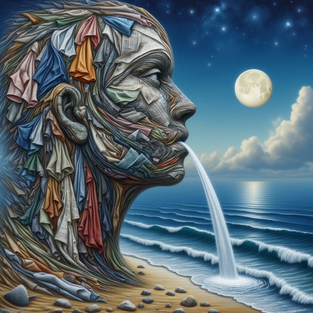 <lora:kak-FabricFace:1.0>frontal Face created entirely of messy fabrics, clothes, trash patterns, junk,  a waterfall is coming out through t...