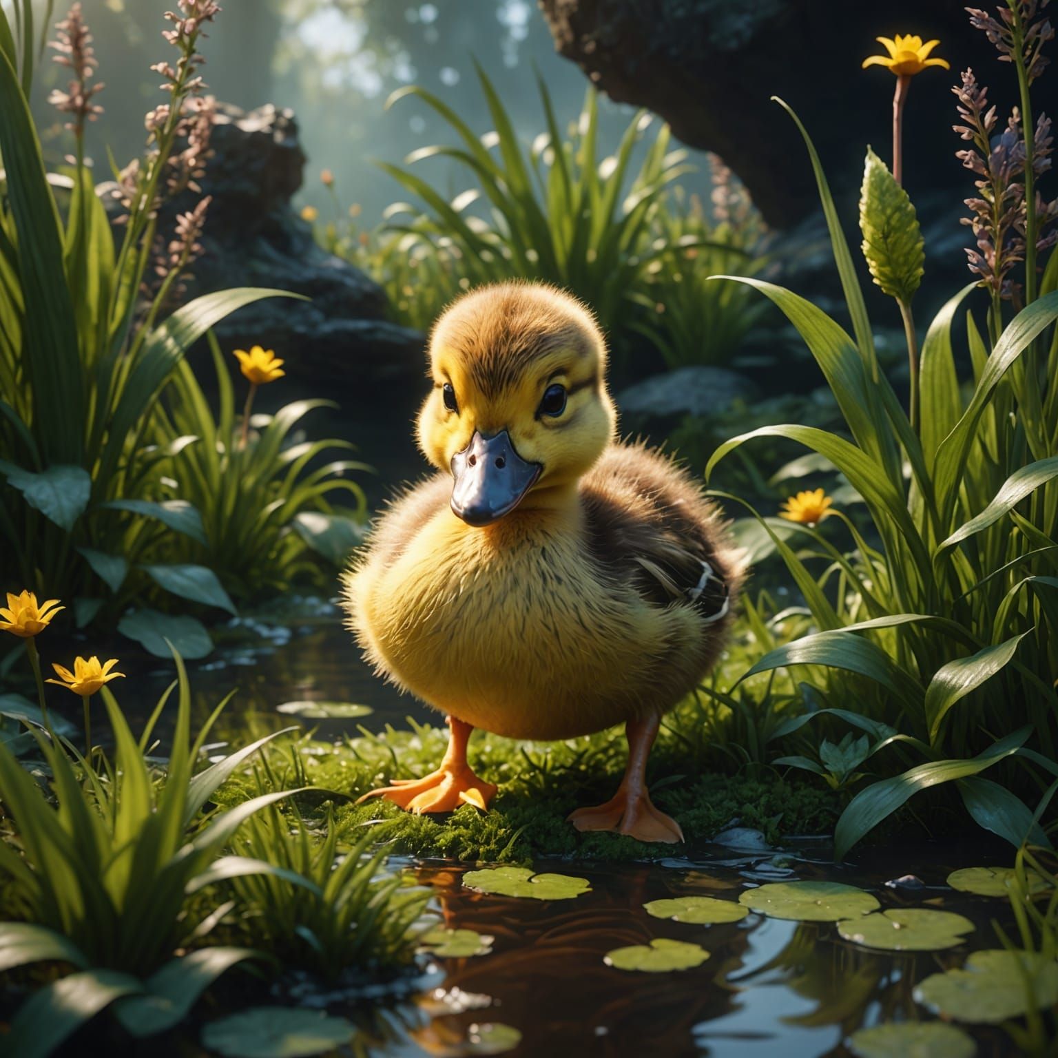 A adorable duckling hiding in the weeds