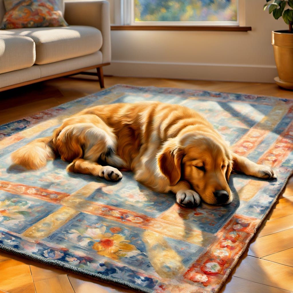 A Golden Retriever sleeping on a rug  by @axelb