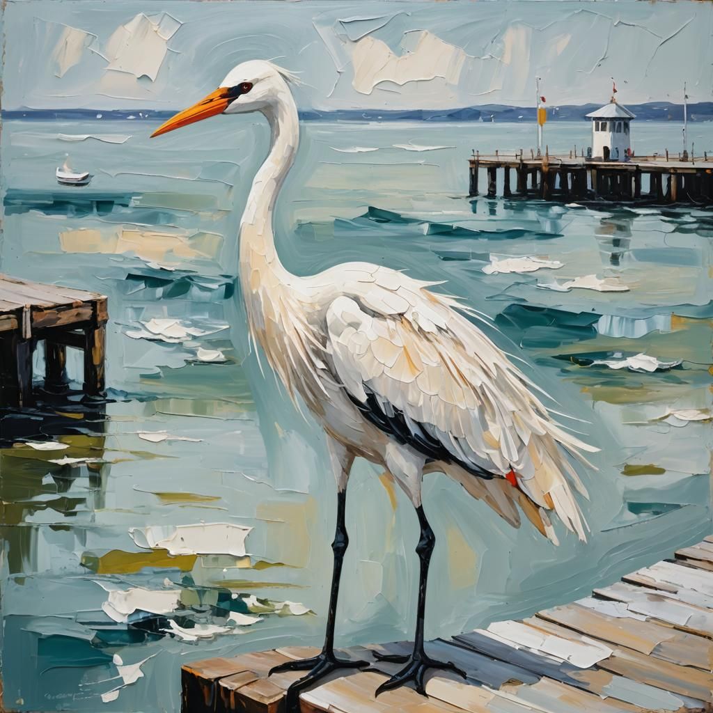 Impasto oil, wax abstract expressionism.white crane on a pier by the sea  by @Pjrockey