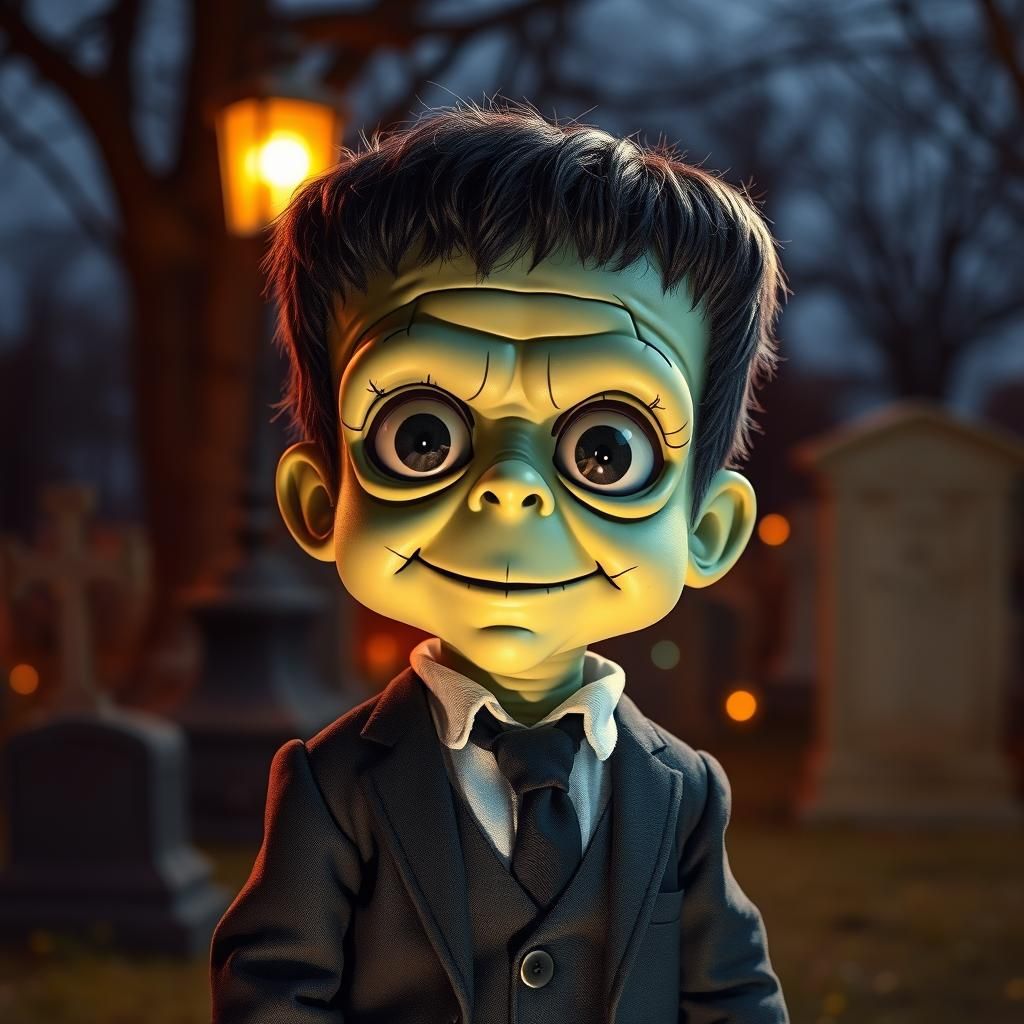 view of a cute mini frankenstein, cute, cute, fluffy, cute eyes, child