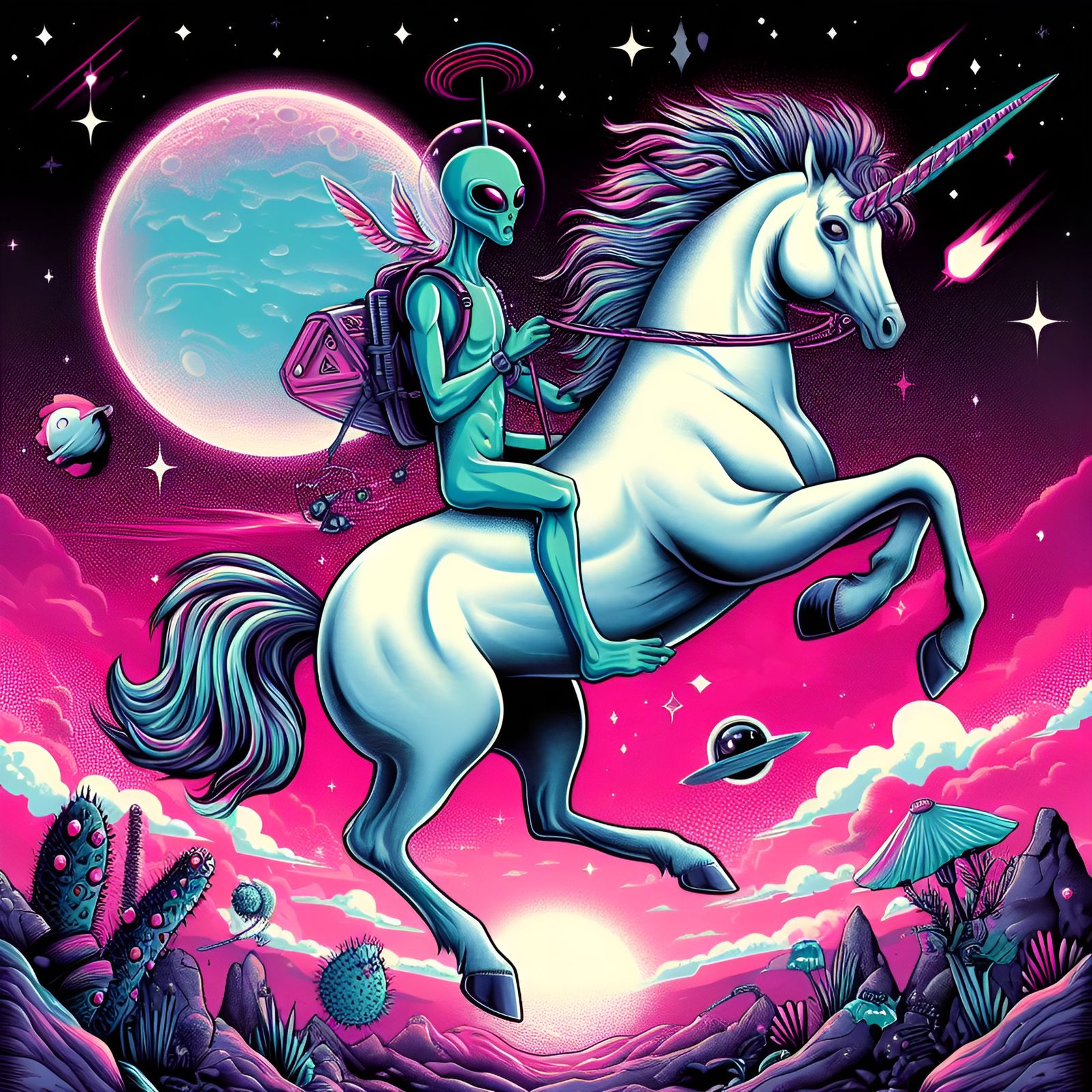 Alien Riding on Unicorn