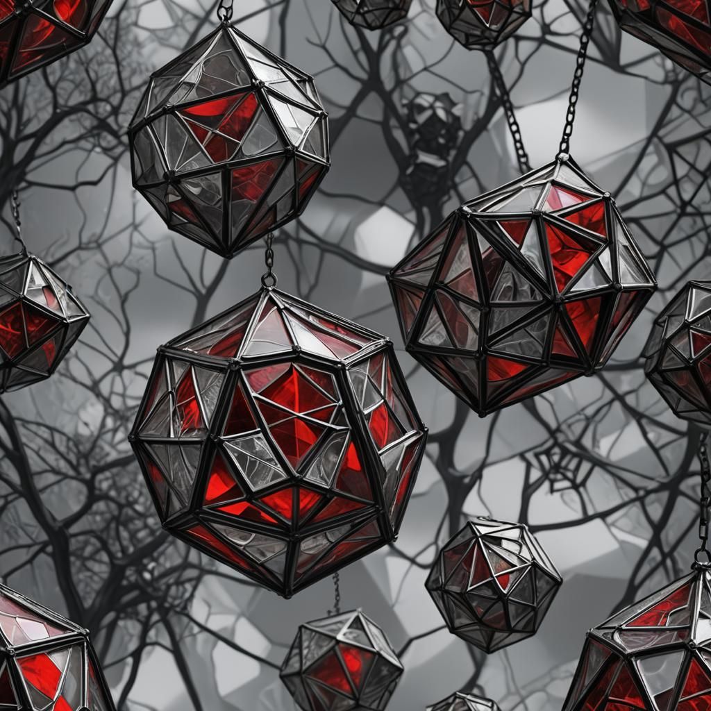 Levitating Red Geometric Stained Glass Orbs