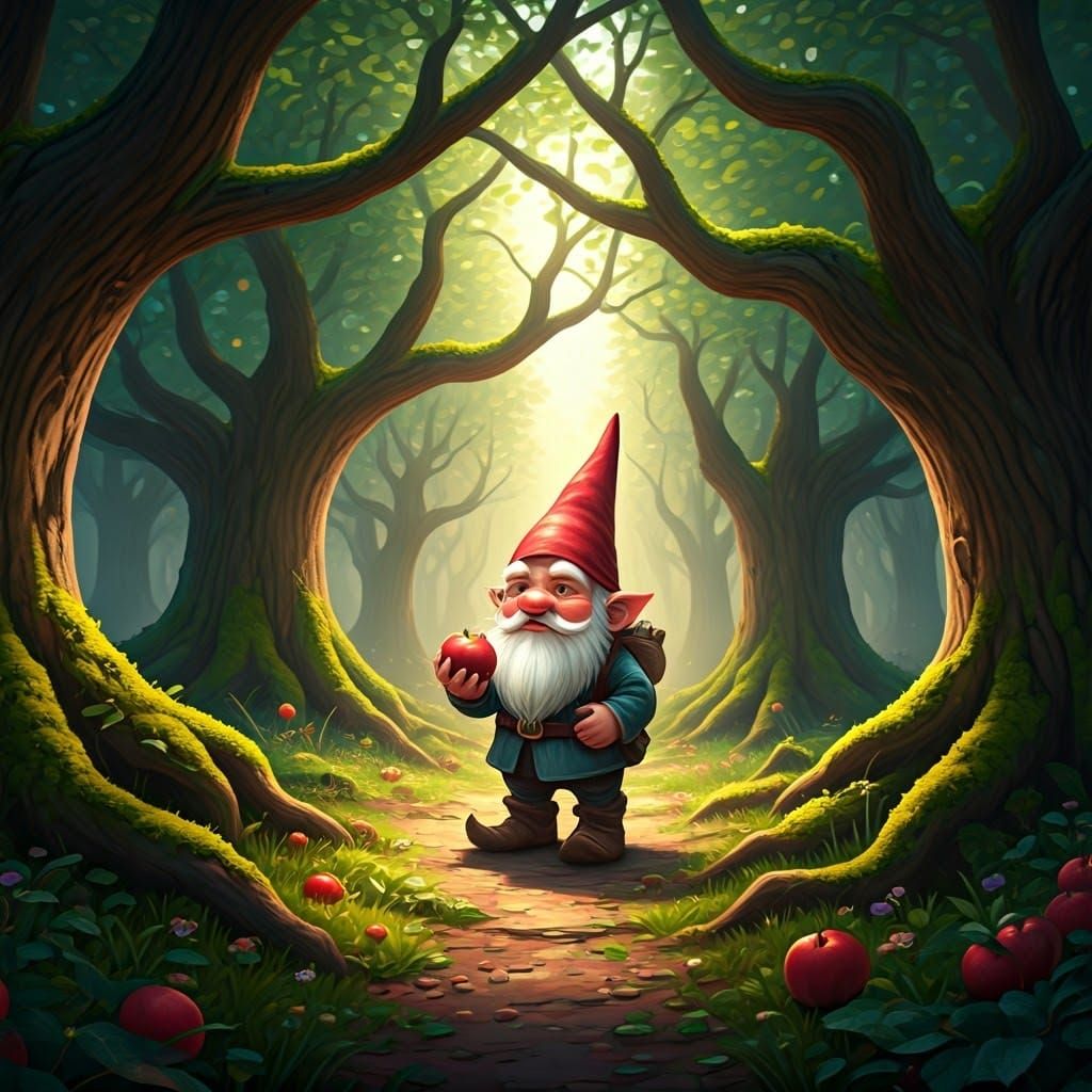 Gnome in Apple Orchard, Whimsical Matte Painting