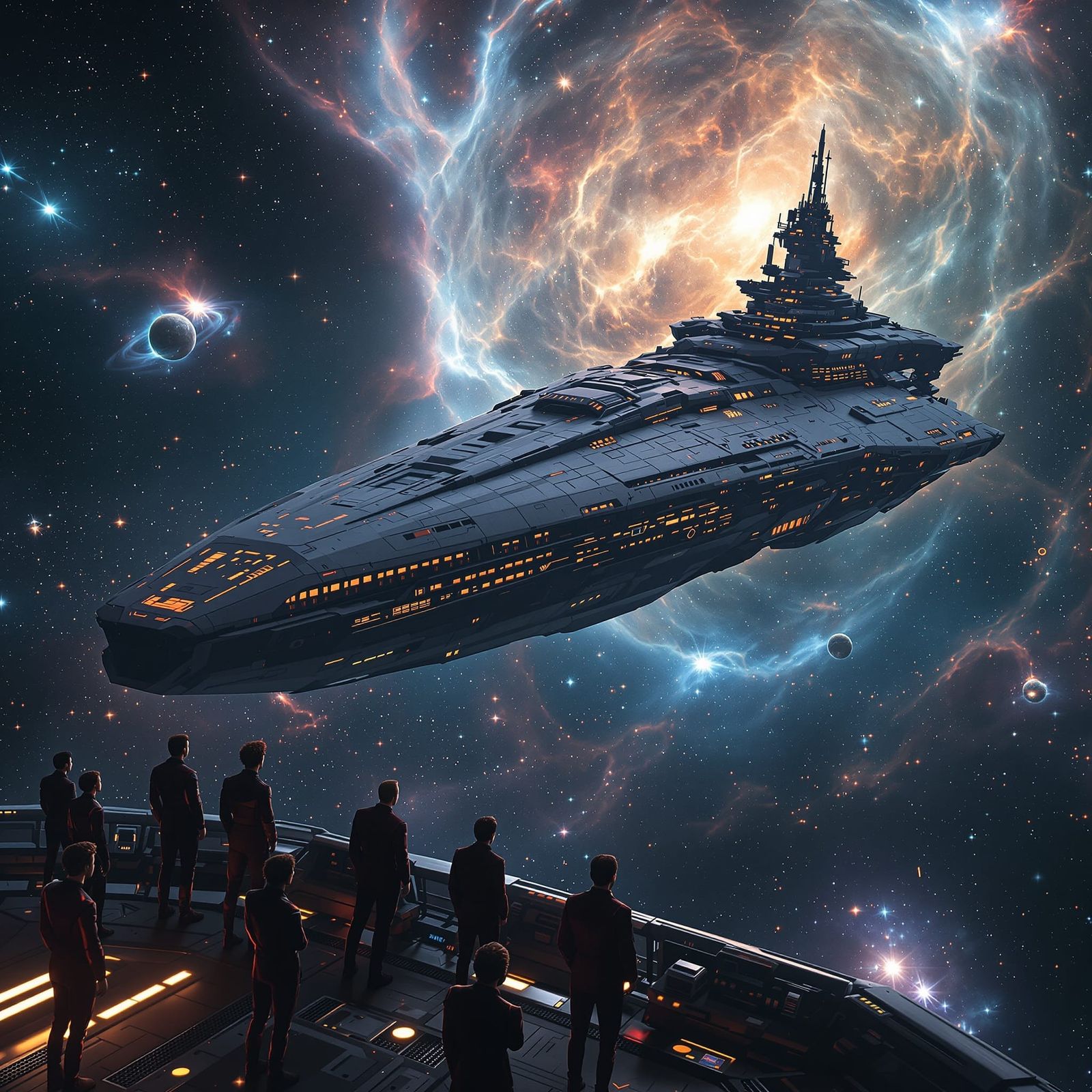 A colossal starship glides through a luminous nebula filled with swirling galaxies, glowing cosmic dust, ...  by @Rohan