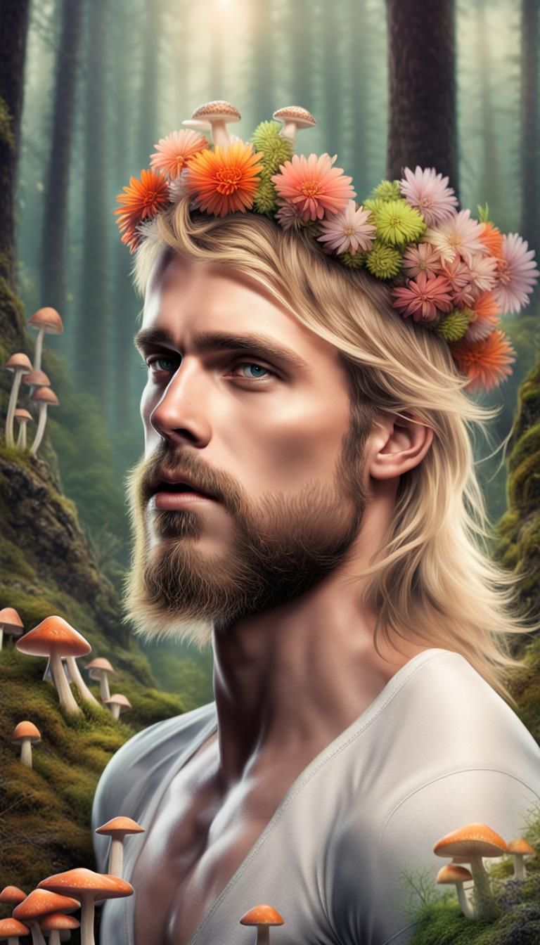 handsome young man, scruffy beard, long blond hair, crown of...