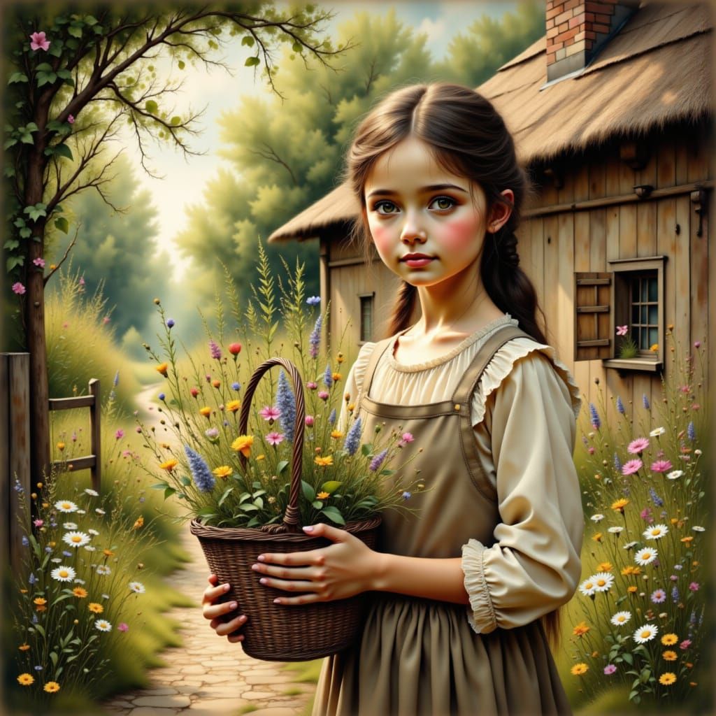 <lora:The Divine Flux:1.0> Colonial-era girl, around 10 years old, with anatomically correct hands, wearing a simple cotton dress with a mod...