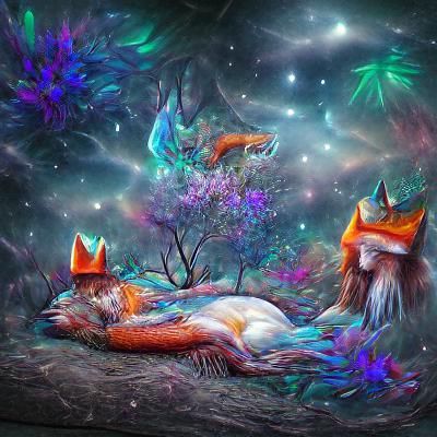Mythical Fox sleeping in a enchanted forest with birds on it...