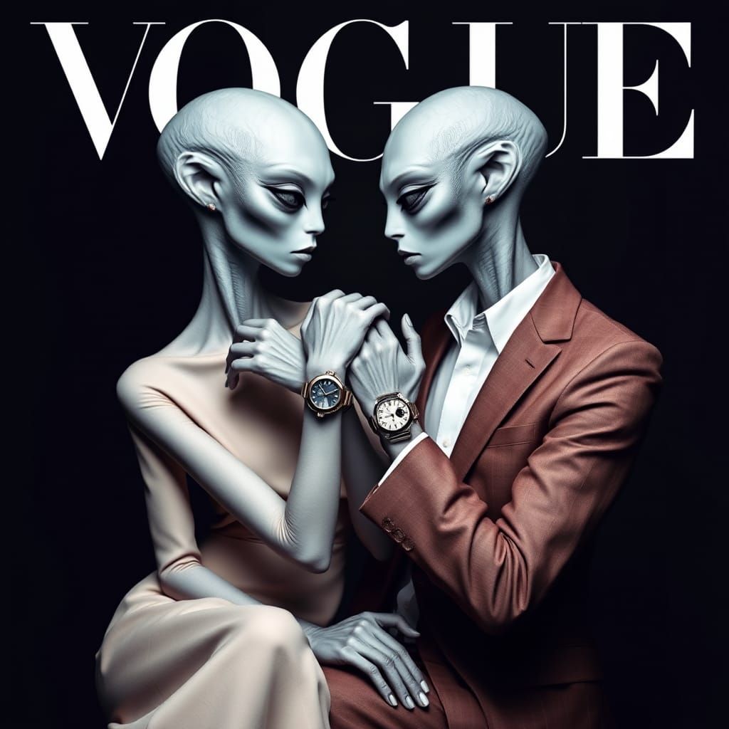 alien supermodels showcasing the latest fashion of watches on the cover of Vogue
