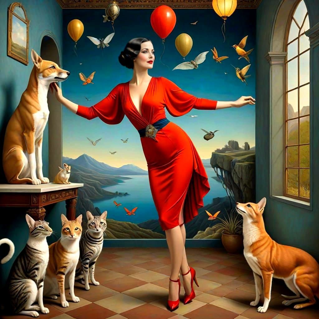 Elegant 1920s Lady Surrounded by Whimsical Creatures in a Vi...