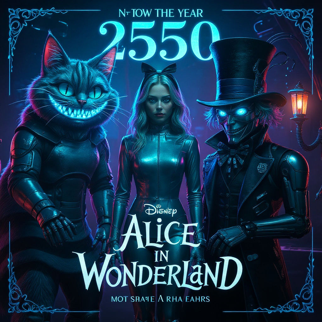 An Alice in wonderland movie poster done in a futuristic style with Alice Cheshire cat the mad Hatter ...  by @Evea 