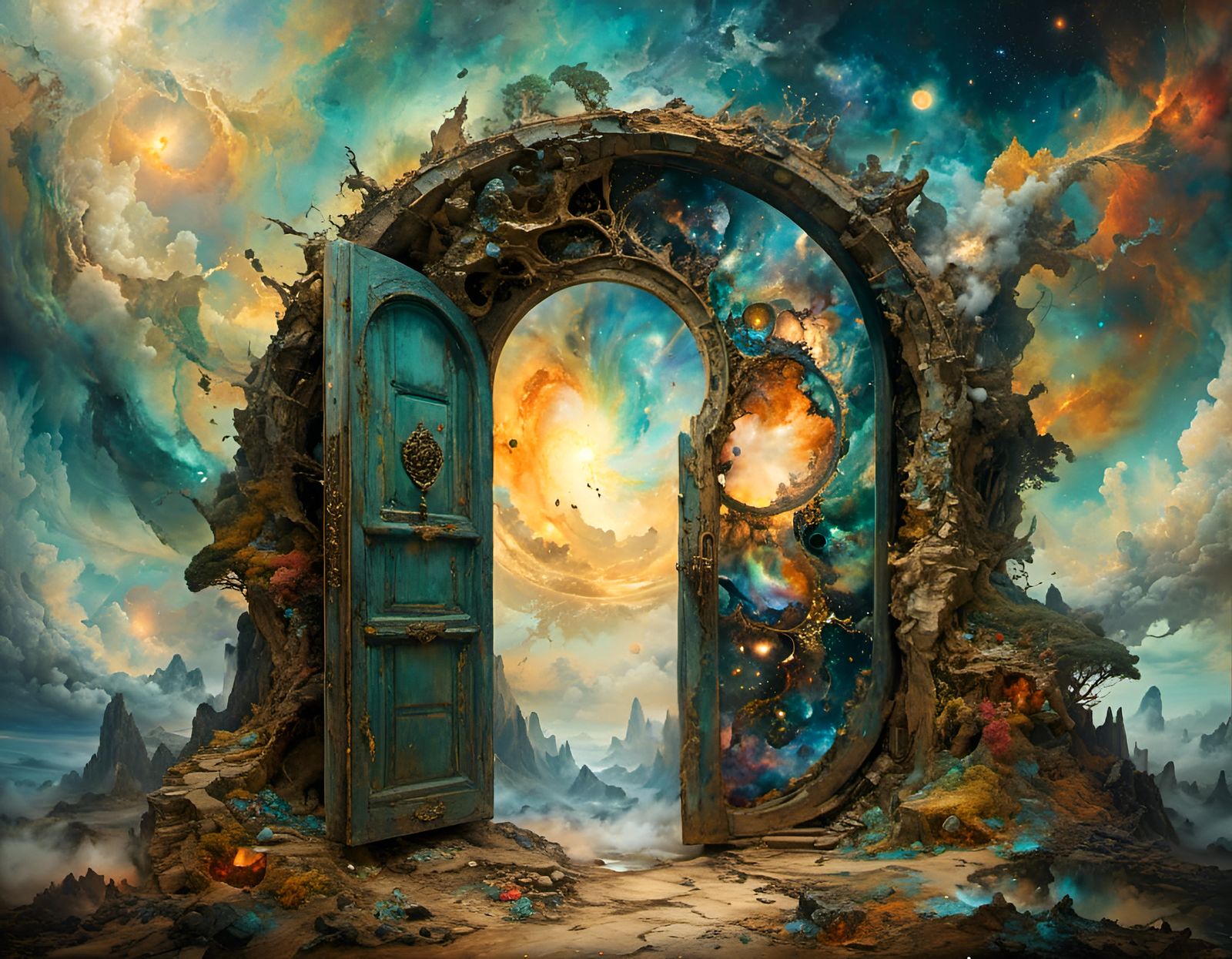 mysterious door to heavenly paradise in hyperkraximalism style<lora:hyperkraximalism:1.0>