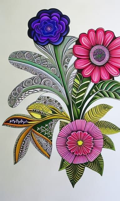 Realistic colorful detailed flowers, made of zentangles