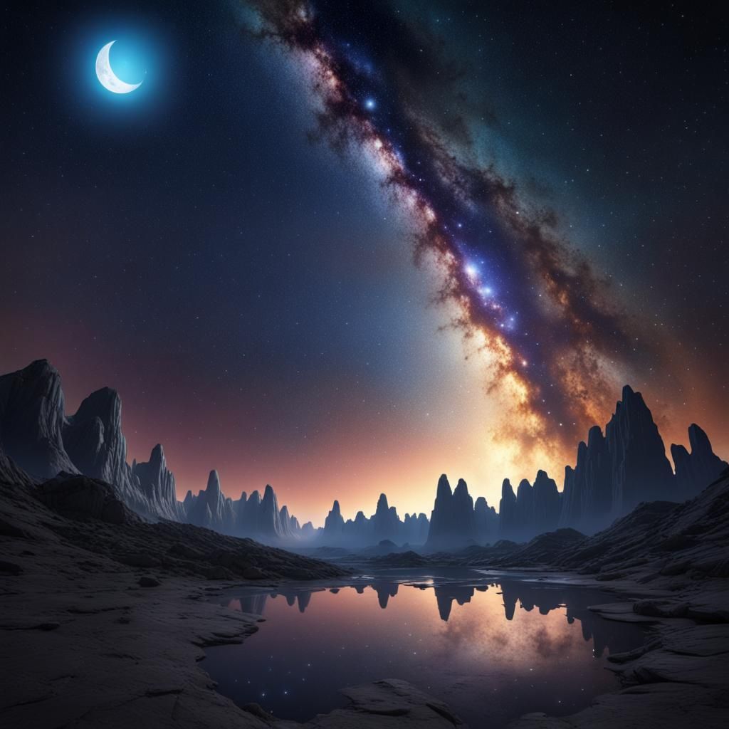 Milky Way night sky with stars and the moon
