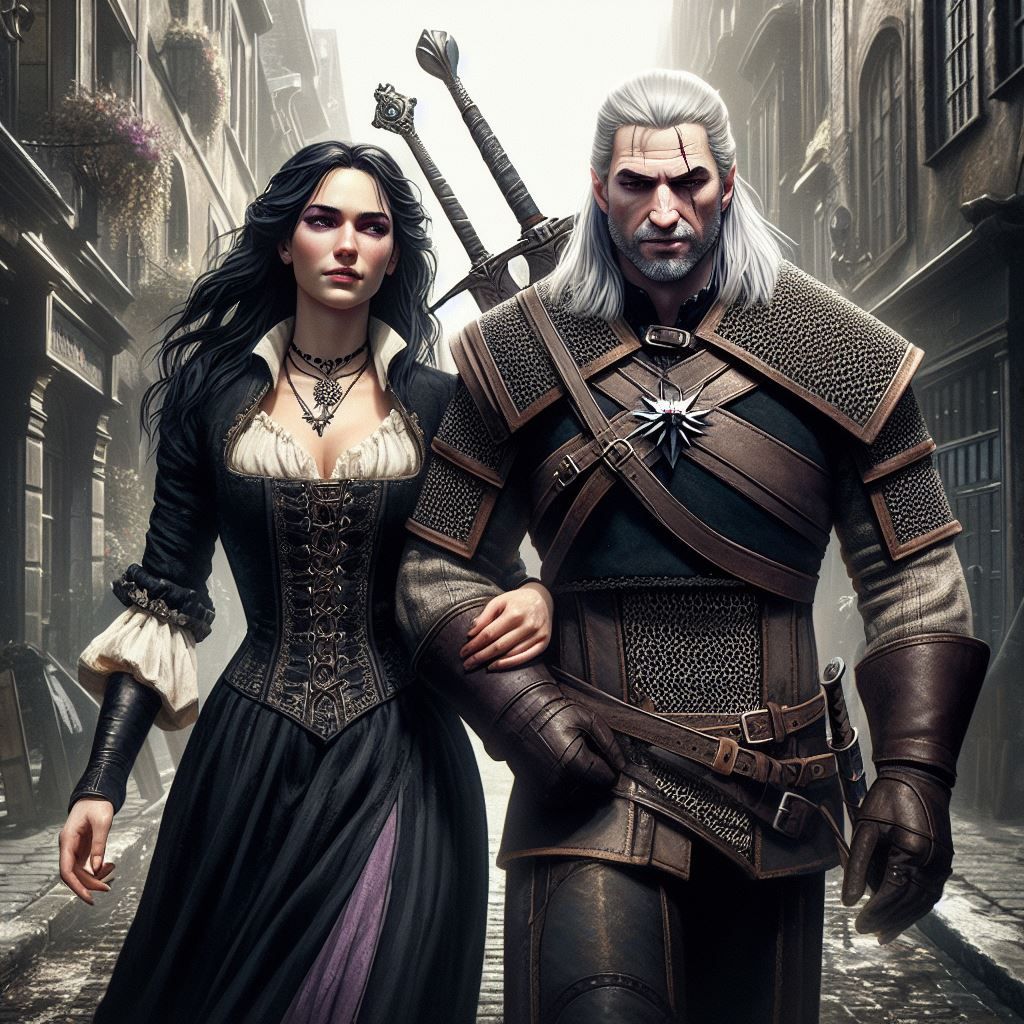 Geralt and Yennefer are walking through a medieval town.
