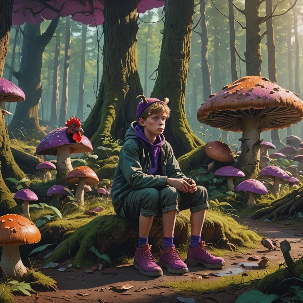 Boy with Horns on Mushroom, Fantasy Digital Painting