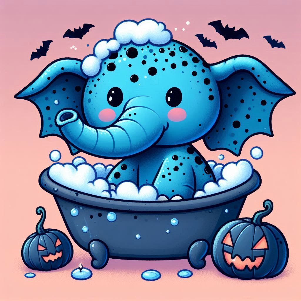 adorable spooky blue elephant with black dots, taking a bath...