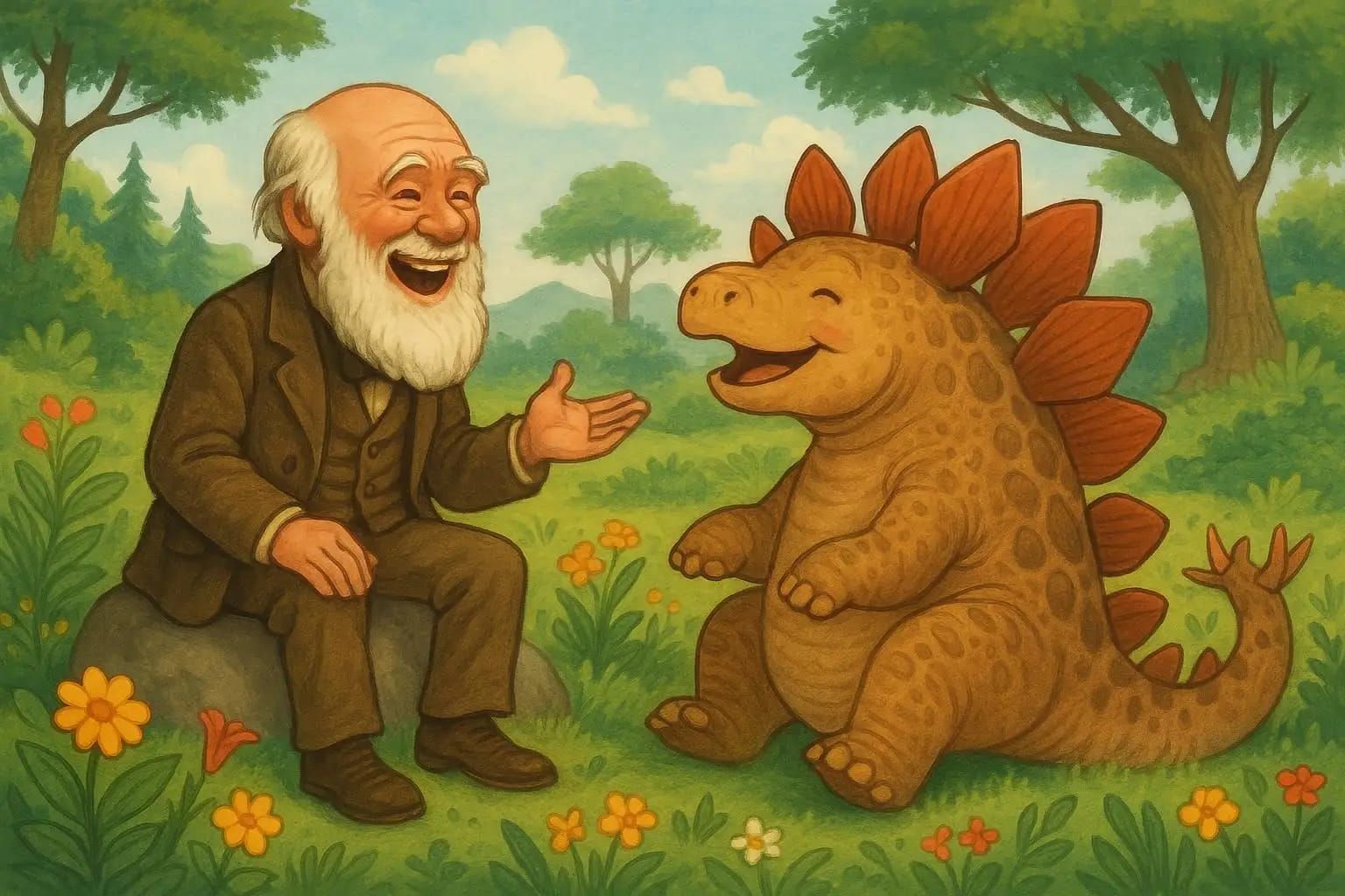 Friendship of Charles Darwin and a stegosaurus