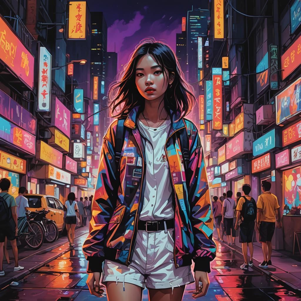 Girl wandering through a city at night.