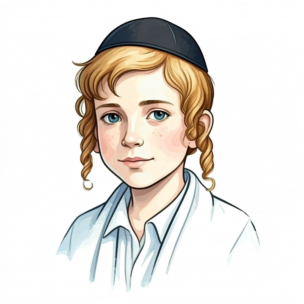 Young Orthodox Jewish Boy in Whimsical Watercolor