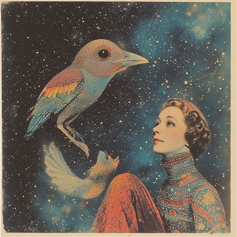 sitting alongside a large, colorful bird