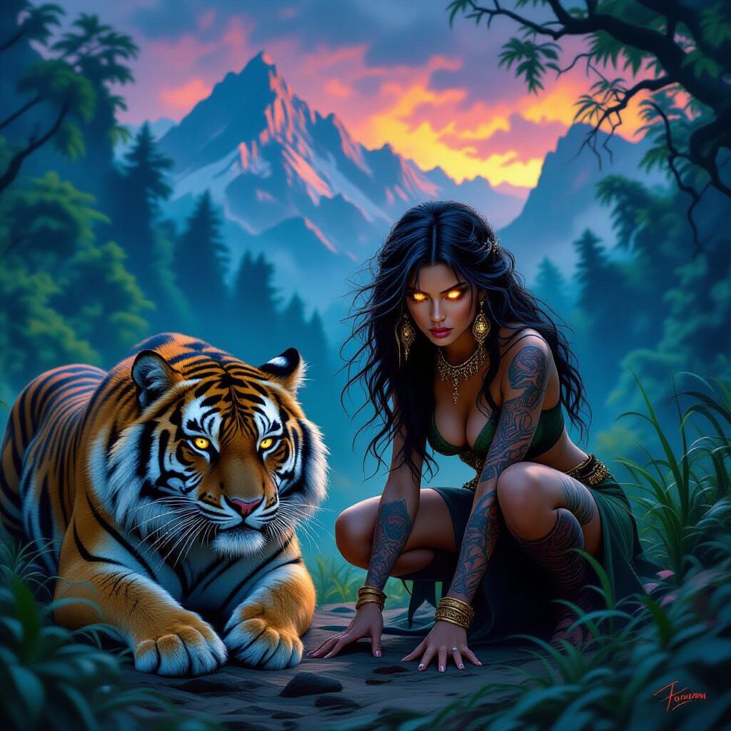 A gorgeous exotic looking woman with glowing eyes and unkept hair, with beautiful tattoos, crouched down and staring intensely at the camera...