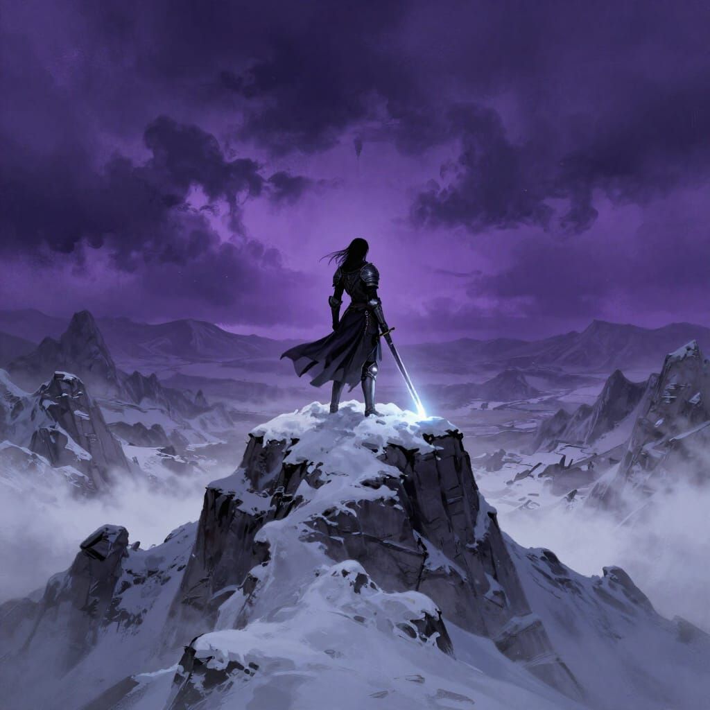 Warrior Woman on Mountain Peak in Stormy Sky
