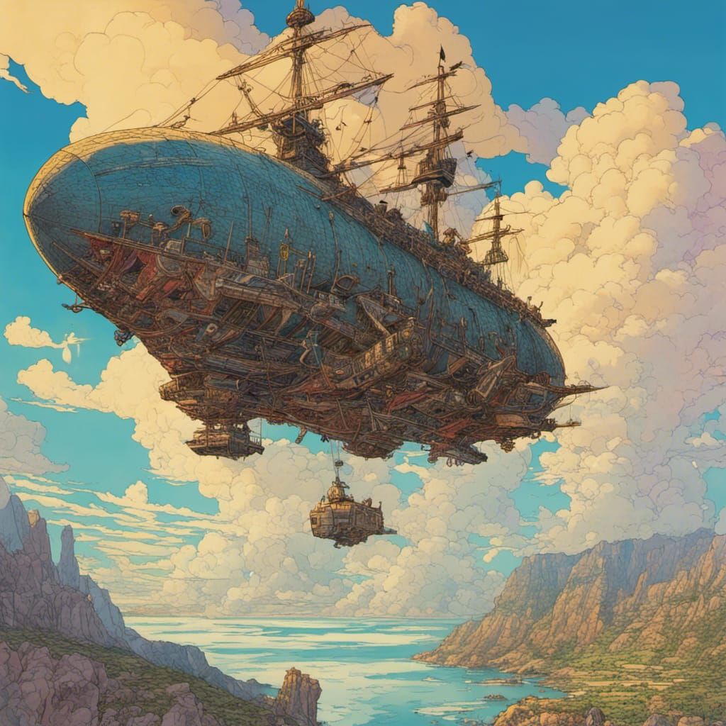 The pirate airship "Aquila" flies between sky islands lookin...