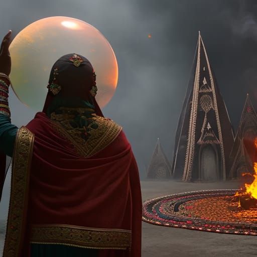 A fortune teller with a magic glass sphere in hand her cloth...