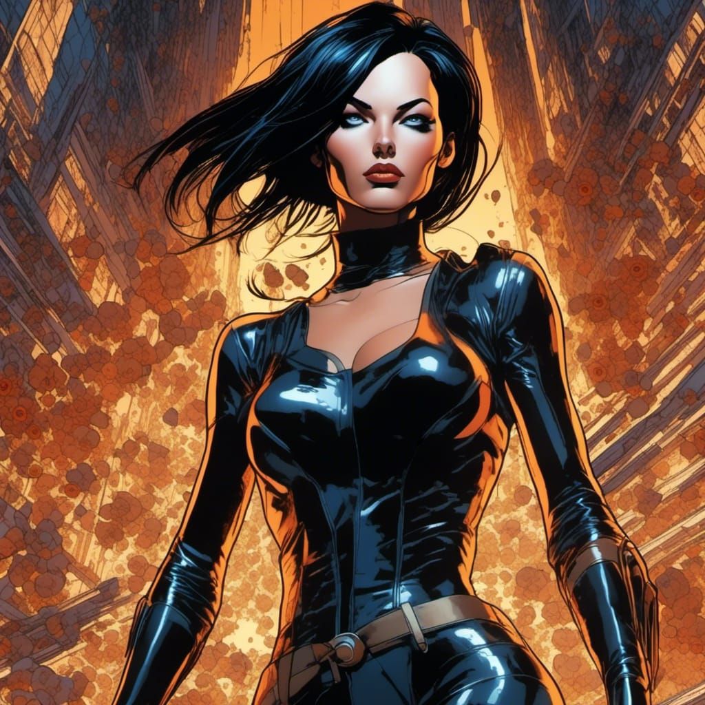 comic book style; back lit, Aeon Flux with beautiful lips, highly detailed HDR eyes, colored, dynamic background, full body view action pose...