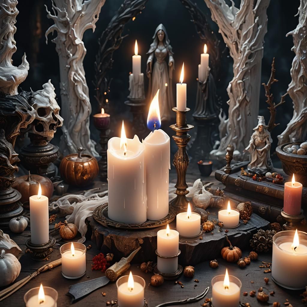 Hyperrealistic portrait of a white candle burning on a witch...
