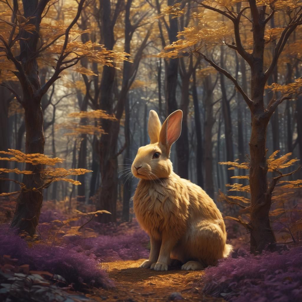 Golden Rabbit in Surreal Forest: Fantasy Concept Art