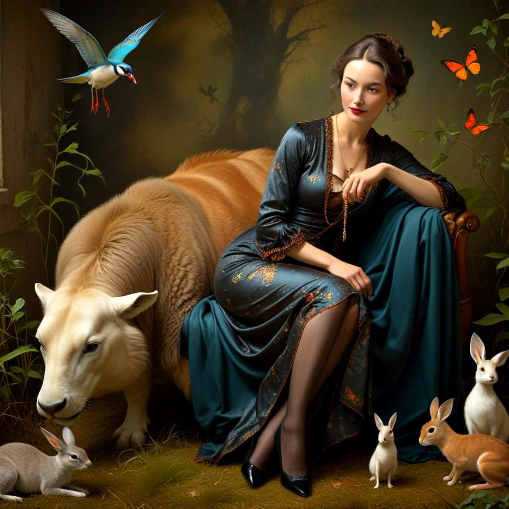 Surrealistic Ladies Amidst Fantastic Beasts in Vibrant HDR
