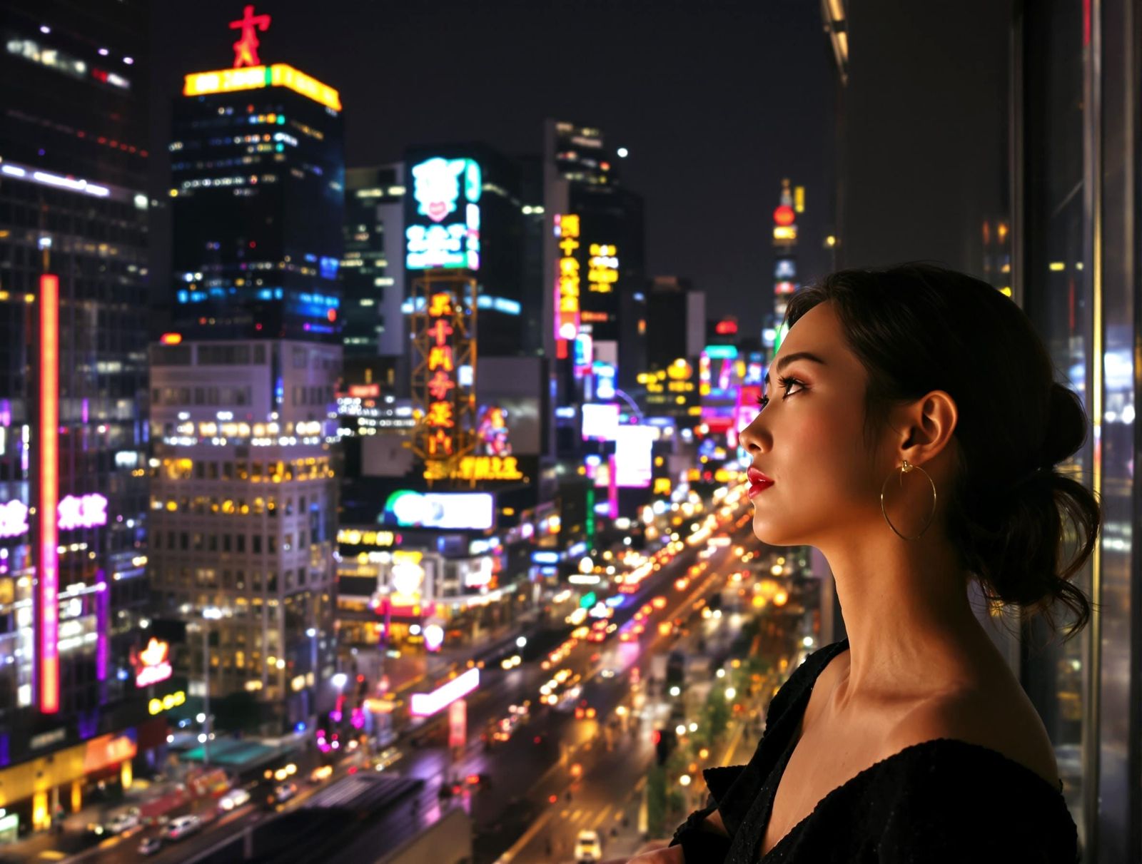 Beautiful Woman Gazing at City Lights: Hyperrealistic Portra...