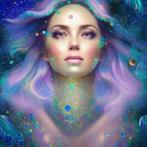 Cosmic, hyperdetailed, stunning, glittering, ethereal glass mosaic feather pendant, with pieces of glitter ...  by @Dorian