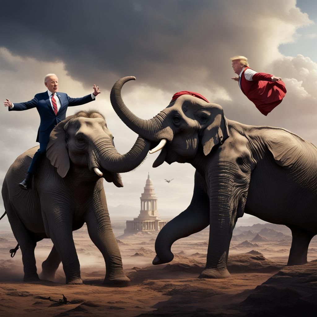 Joe Biden and Donald Trump in a fight on top of an elephant